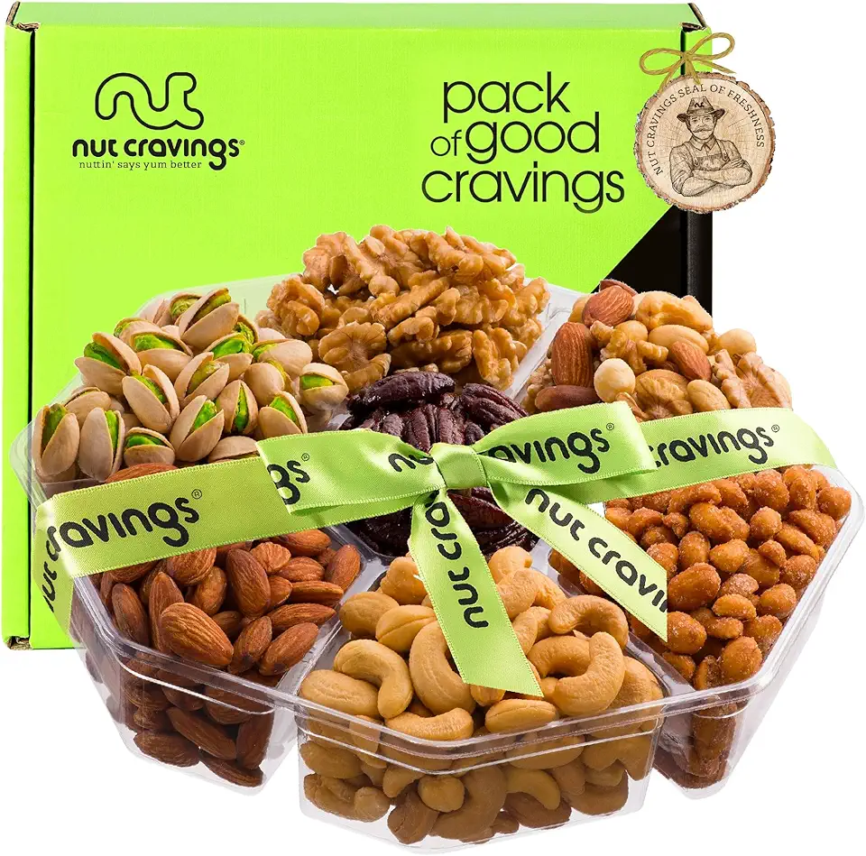 NUT CRAVINGS Gourmet Collection - Rosh Hashana &amp; Shana Tova Mixed Nuts Gift Basket + Green Ribbon (7 Assortments, 2.2 LB) Arrangement Platter, Birthday Care Package - Healthy Kosher