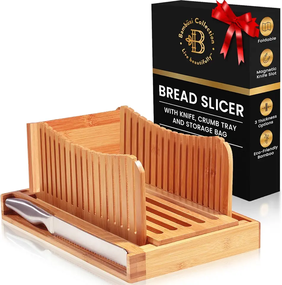 Bread Slicer for Homemade Bread - Bamboo Bread Slicer with Bread Knife, Foldable Cutting Guide, Crumb Tray, 3-Slice Thickness for Cake, Bagels - Bread Cutter Ideal for Loaf Size: 5.5” x 5” by Bambüsi