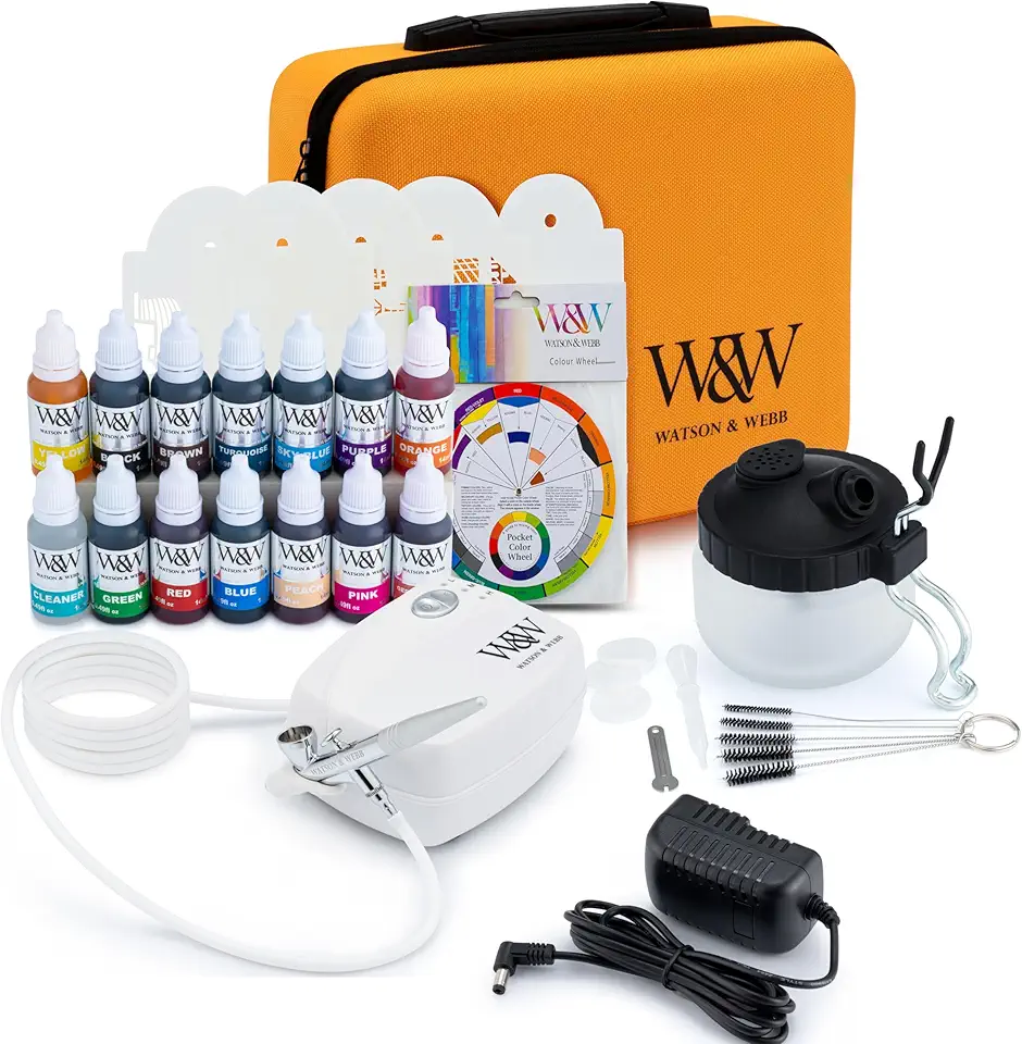 Watson &amp; Webb Maker Selection - 29pcs Cake Airbrush Decorating Kit - Inc Professional Mains Powered Spray Gun, 13 Matte Colors, Stencils, Case, Spraytidy, Tools - for Food, Cakes, Cookies &amp; Baking