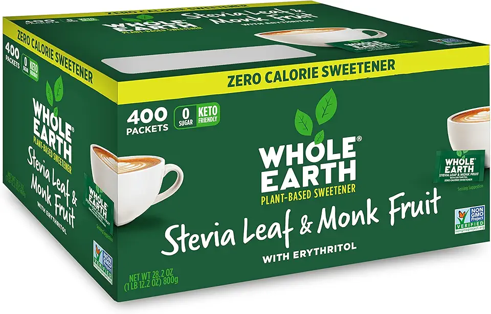 Whole Earth Sweetener Co. Stevia &amp; Monk Fruit Sweetener, Erythritol Sweetener, Stevia Packets, Sugar Substitute, Natural Sweetener, 400 Count