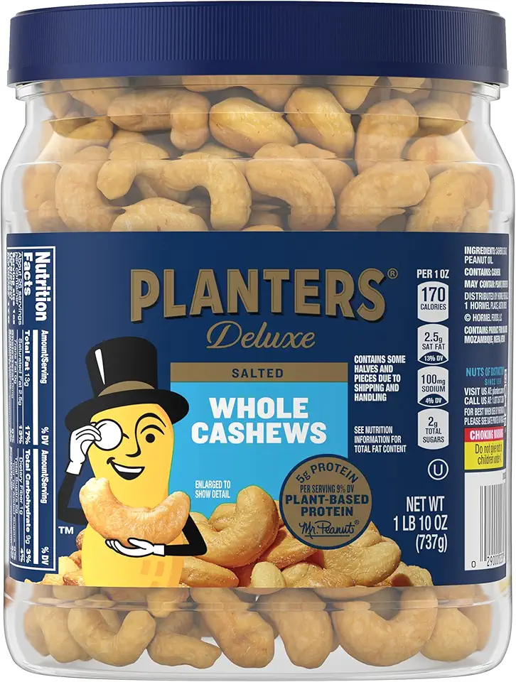 PLANTERS Whole Cashews, Sea Salt, Resealable Jar, Party Snacks, Plant-Based Protein, Quick Snack for Adults, After School Snack, Salted Cashew, Kosher, Bulk Nuts, 26oz Canister