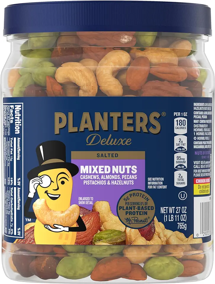 PLANTERS Deluxe Mixed Nuts, Cashews, Almonds, Pecans, Pistachios, Hazelnuts, Roasted with Sea Salt, Party Snacks, Plant-Based Protein, Quick Snack for Adults, After School Snack, 27oz Container