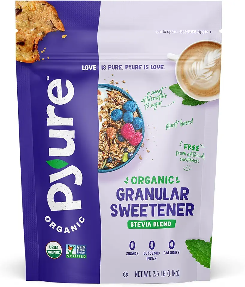 Pyure Organic Stevia Blend | Granulated All-Purpose - White Sugar Substitute | Zero Carb, Zero Sugar, Zero Calorie | Plant-Based Stevia and Erythritol Sweetener for Keto Friendly Food | 2.5 lb (40 oz)