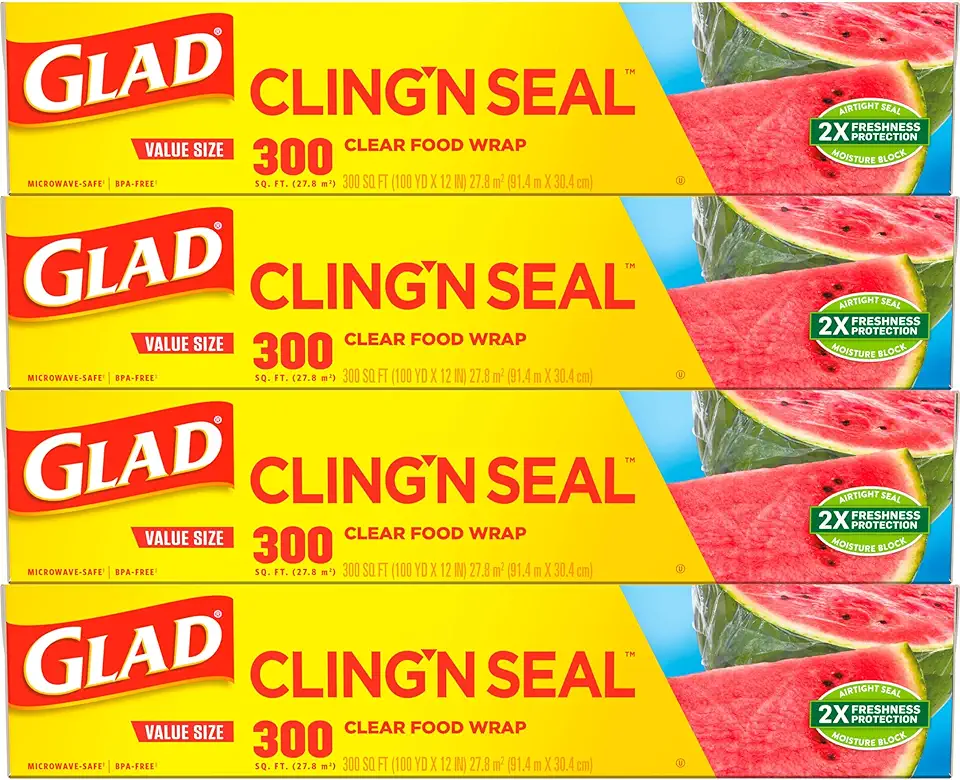 Glad Cling &#x27;N Seal Plastic Food Wrap, 300 Sq Ft (Pack of 4), Model 00020, BPA Free