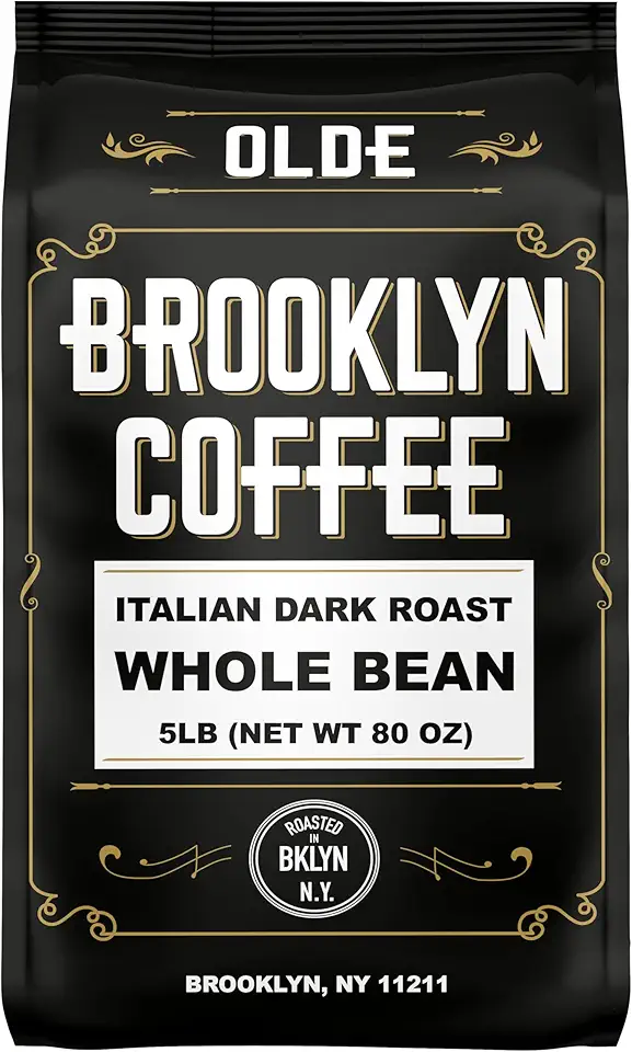 BROOKLYN COFFEE Whole Bean, Italian Dark Roast (5lb) Extra Strong, Delicious Taste, Heavenly Aroma - Fresh Bulk Coffee Beans Roasted Weekly in NYC