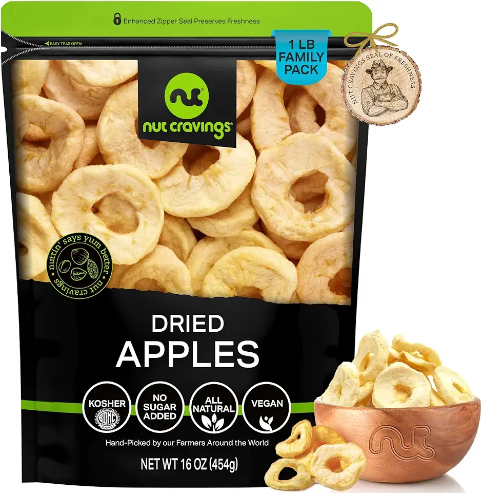 NUT CRAVINGS Dry Fruits - Dried Apple Rings Slices, No Sugar Added - Chewy Soft Texture (16oz - 1 LB) Packed Fresh in Resealable Bag - Sweet Snack, Healthy Food, All Natural, Vegan, Kosher Certified