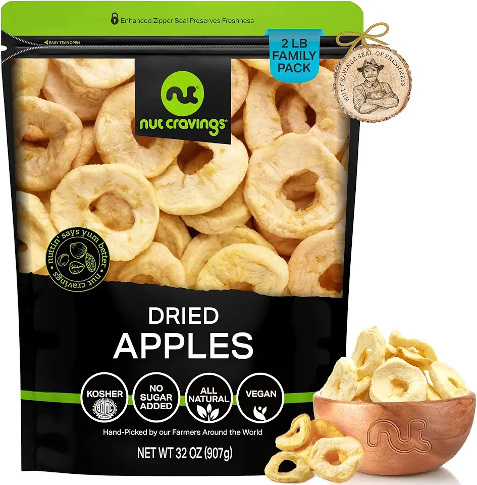 NUT CRAVINGS Dry Fruits - Dried Apple Rings Slices, No Sugar Added - Chewy Soft Texture (32oz - 2 LB) Packed Fresh in Resealable Bag - Sweet Snack, Healthy Food, All Natural, Vegan, Kosher Certified