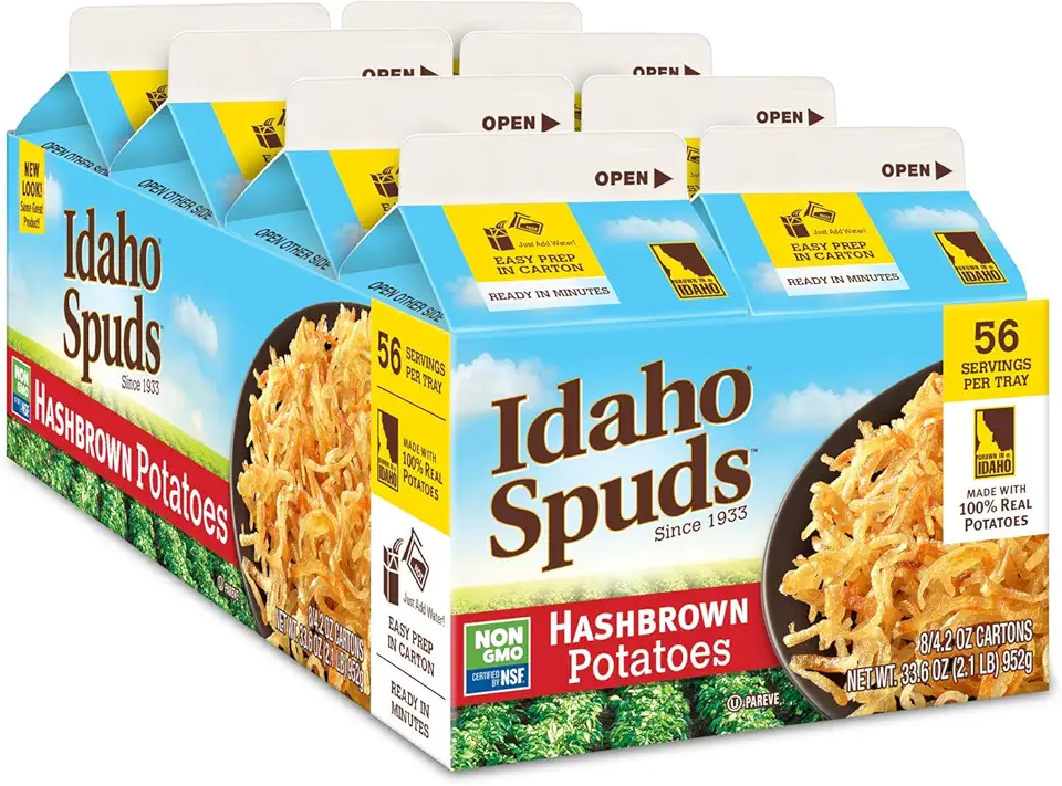 Idaho Spuds Premium Hashbrown Potatoes, Made from 100 Potatoes No Artificial Colors or Flavors NonGMO Certified Gluten Free Koshe,4.2 Ounce (Pack of 8)