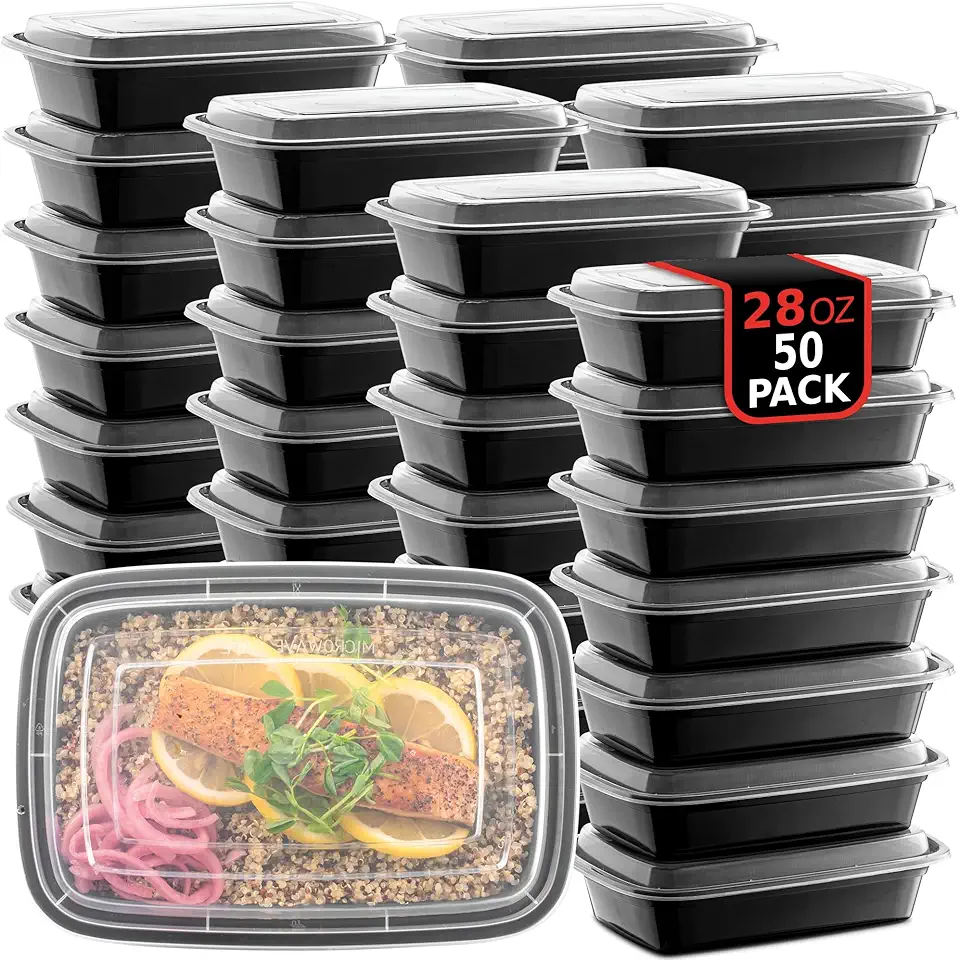 50-Pack Reusable Meal Prep Containers Microwave Safe Food Storage Containers with Lids, 28 oz - 1 Compartment Take Out Disposable Plastic Bento Lunch Box To Go, BPA Free - Dishwasher &amp; Freezer Safe