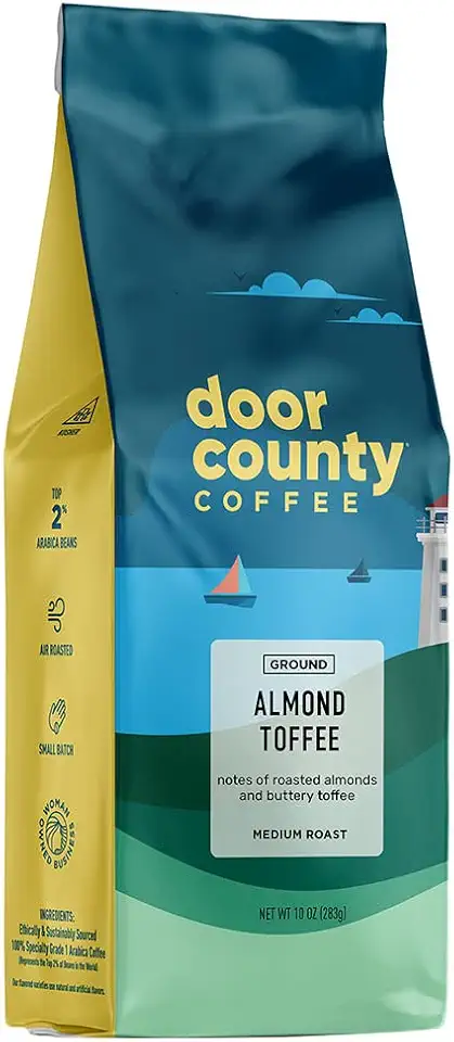 Door County Coffee Almond Toffee Flavored Coffee Ground | 10 oz Bag | Flavored Ground Coffee Medium Roast | 100% Specialty Arabica Coffee Ground | Flavored Gourmet Coffee | Almond Toffee Coffee