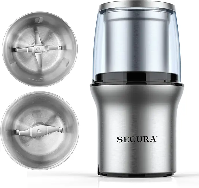 Secura Electric Coffee Grinder and Spice Grinder with 2 Stainless Steel Blades Removable Bowls