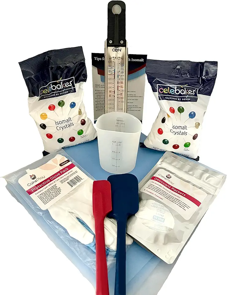 Isomalt Sugar Work Starter Kit - Silicone Mat, Measuring Cup, Spatulas, Isomalt Crystals, Desiccant, Thermometer, Gloves - 9 Items Perfect for Working with Isomalt