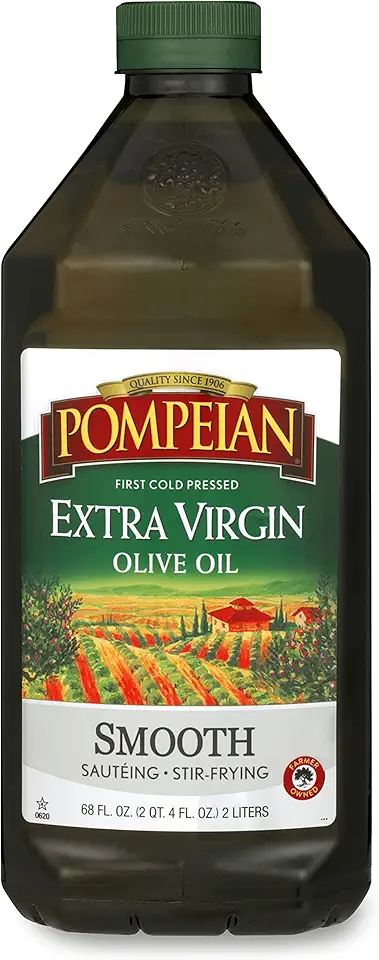 Pompeian Smooth Extra Virgin Olive Oil, First Cold Pressed, Mild and Delicate Flavor, Perfect for Sauteing &amp; Stir-Frying, Naturally Gluten Free, Non-Allergenic, Non-GMO, 68 Fl Oz