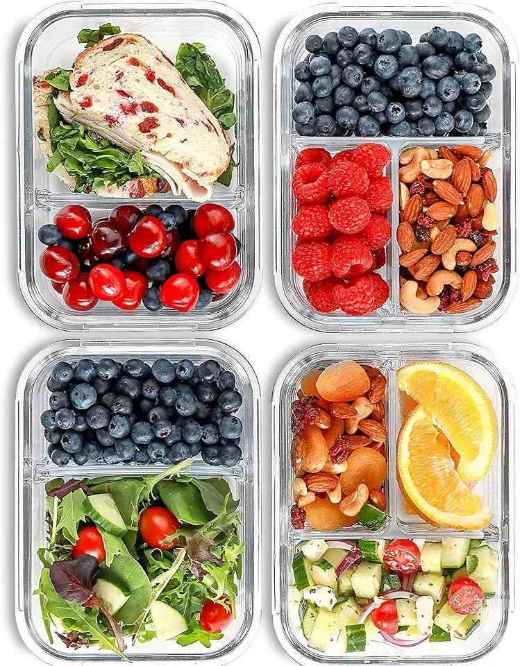 FIT Strong &amp; Healthy 2 &amp; 3 Compartment Glass Meal Prep Containers (4 Pack, 32 oz) - Glass Food Storage Containers with Lids, Lunch Containers For Adults, Portion Control, Airtight, Oven &amp; Freezer safe