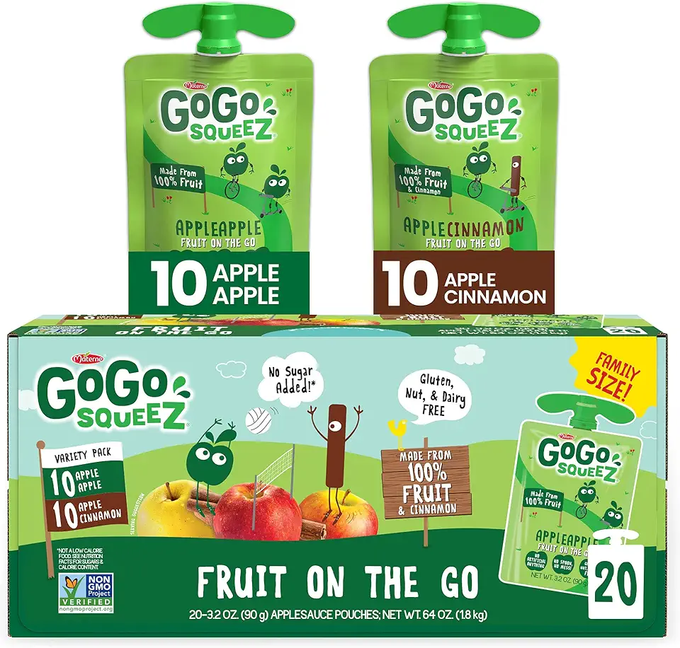 GoGo squeeZ Fruit on the Go Variety Pack, Apple &amp; Cinnamon, 3.2 oz (Pack of 20), Unsweetened Fruit Snacks for Kids, Gluten &amp; Nut Free and Dairy Free, Recloseable Cap, BPA Free Pouches