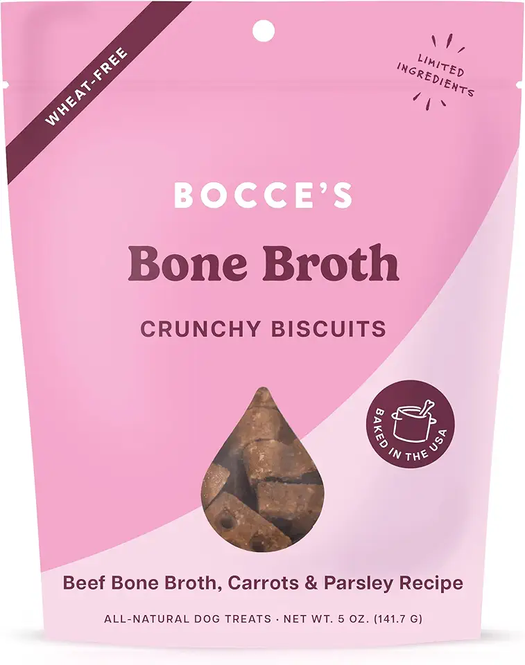 Bocce&#x27;s Bakery Oven Baked Bone Broth Treats for Dogs, Wheat-Free Everyday Dog Treats, Made with Real Ingredients, Baked in The USA, All-Natural Biscuits, Beef Bone Broth, Carrots, &amp; Parsley, 5 oz