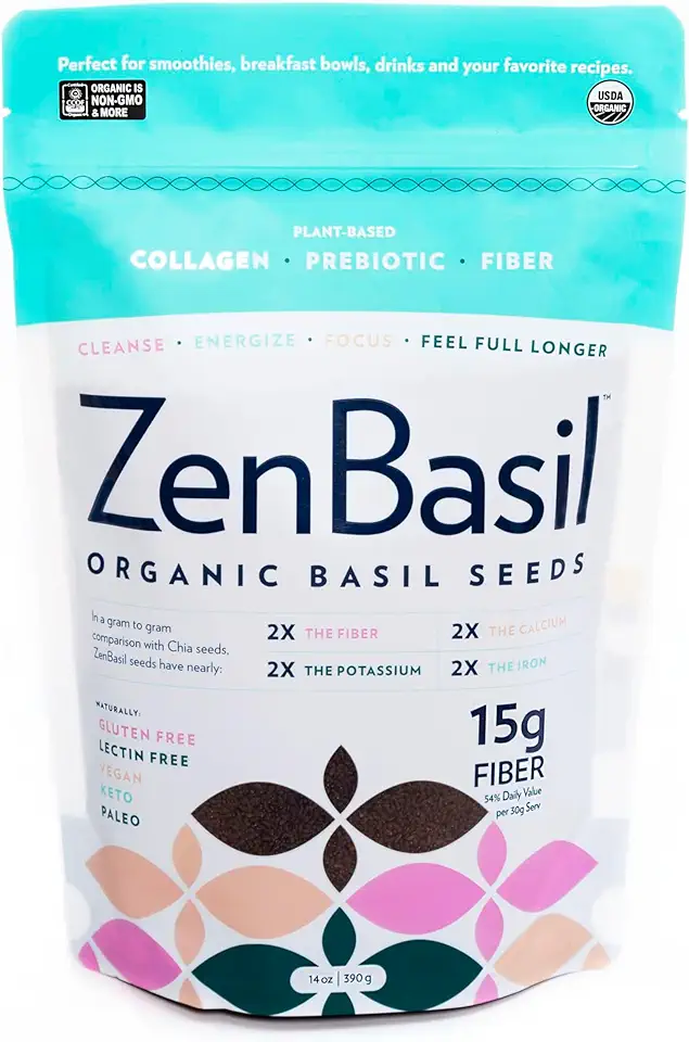 Zen Basil Seeds | Edible Basil Seeds USDA Organic, Kosher, Non-GMO, lectin Free, Gluten Free, Plant Based, Keto, Paleo, Vegan | 15g Fiber per/serv | 14oz | More Fiber Than chia Seeds | prebiotic