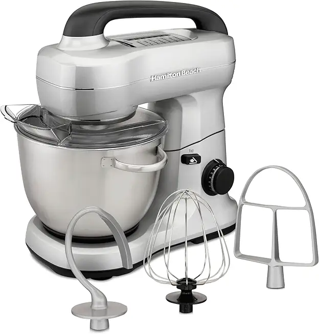 Hamilton Beach Electric Stand Mixer, 4 Quarts, Dough Hook, Flat Beater Attachments, Splash Guard 7 Speeds with Whisk, Silver