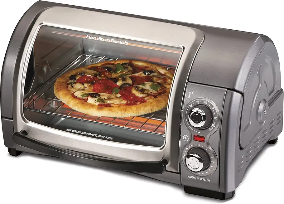 Hamilton Beach Easy Reach 4-Slice Countertop Toaster Oven With Roll-Top Door, 1200 Watts, Fits 9” Pizza, 3 Cooking Functions for Bake, Broil and Toast, Silver (31344DA)