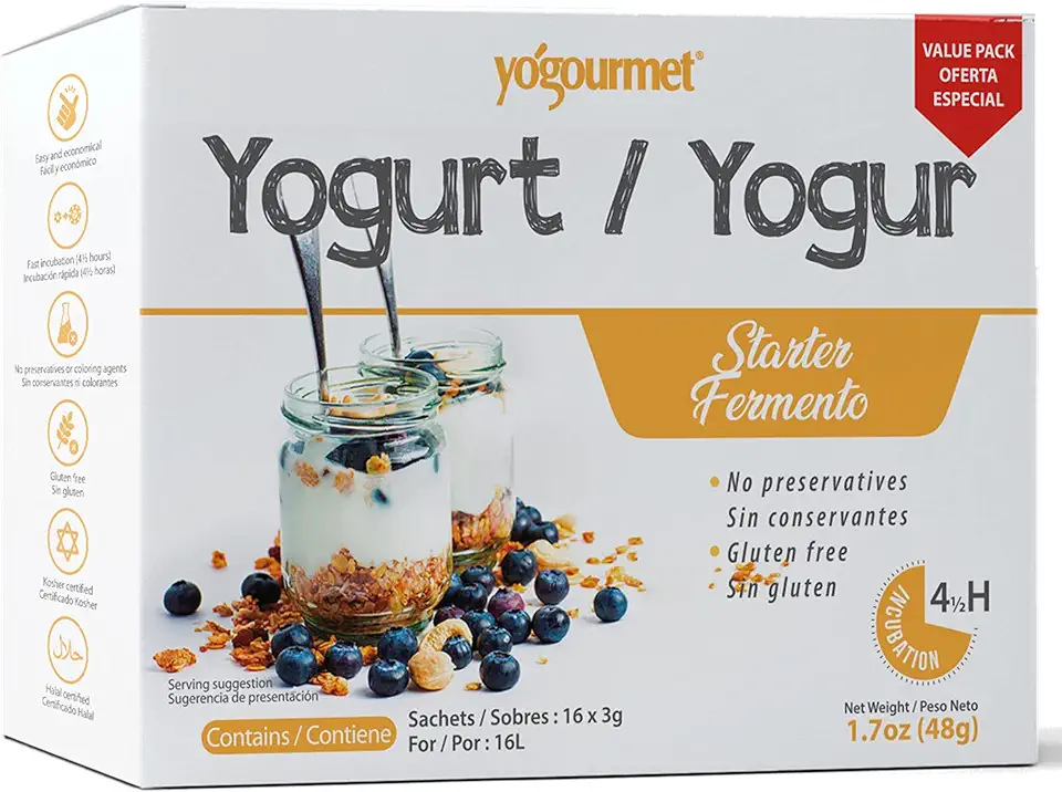 Yogourmet Yogurt Starter (16 Pack) - Make Yogurt at Home - Starter Culture - All Natural, Gluten Free, Kosher, Halal - 3 g Sachets