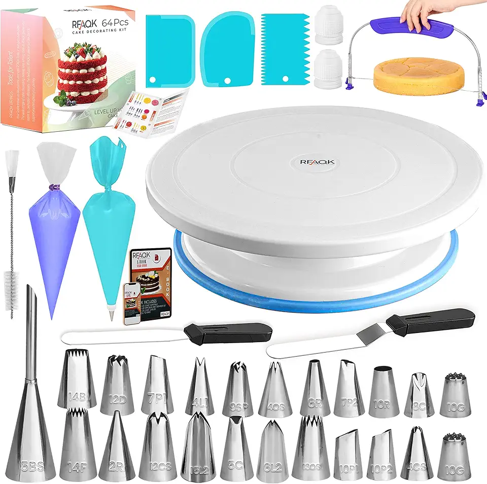 RFAQK 64 PCs Cake Decorating Kit for Beginners Includes Video Course, Booklet + Baking Supplies Gift - Cake Stand, Leveler, 24 Numbered Piping Tips, Straight &amp; Offset Spatula, &amp; Scraper sets