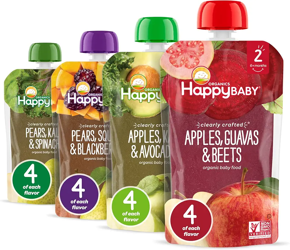 Happy Baby Organics Stage 2 Baby Food Pouches, Gluten Free, Vegan &amp; Healthy Snack, Clearly Crafted Fruit &amp; Veggie Puree, Fruit &amp; Veggie Variety Pack, 4 Ounces (Pack of 16)