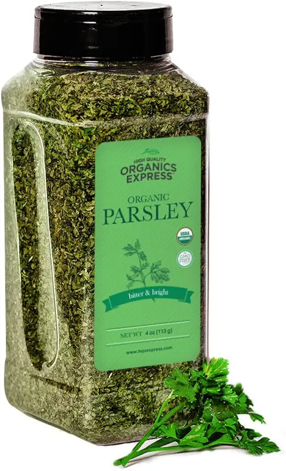 HQOExpress Organic Parsley Flakes – Non GMO, Kosher, USDA Certified Organic Parsley Leaves, Dried and Cut – Piquant and Aromatic Seasoning for Broths, Sauces, Dressings and Stews, 4 oz. Chef Jar