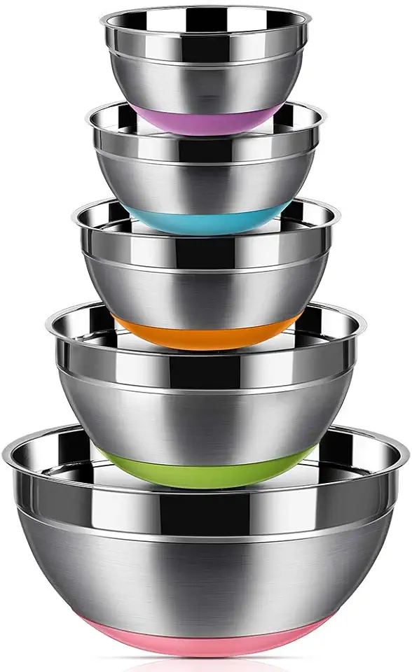 REGILLER Stainless Steel Mixing Bowls (Set of 5), Non Slip Colorful Silicone Bottom Nesting Storage Bowls, Polished Mirror Finish For Healthy Meal Mixing and Prepping 1.5-2 - 2.5-3.5 - 7QT (Colorful)