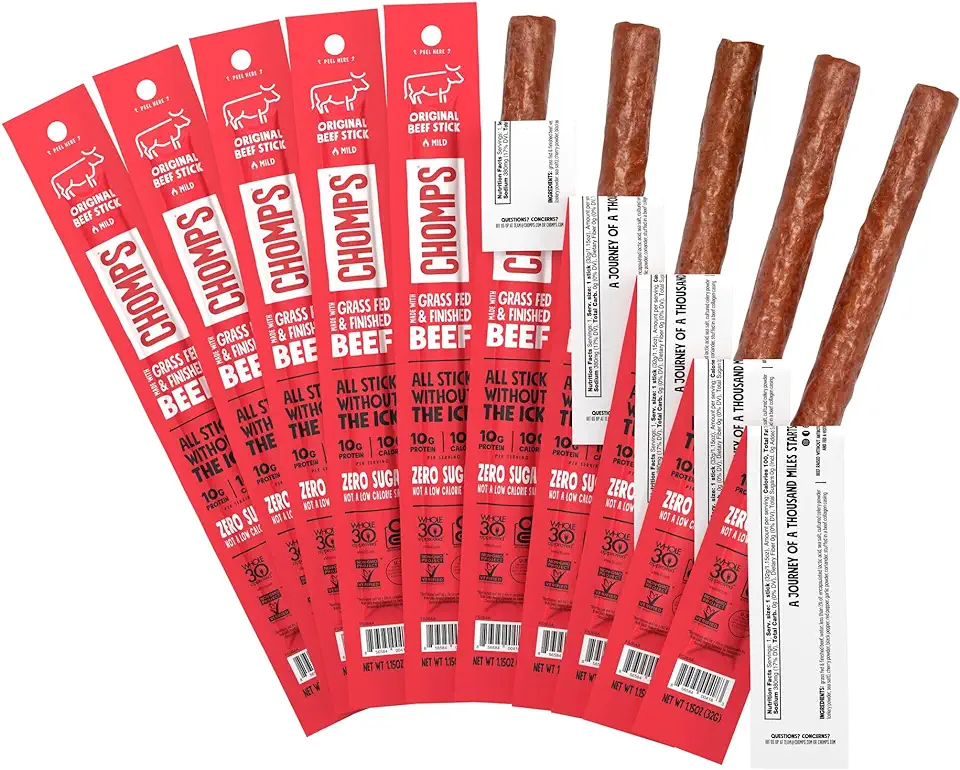 Chomps Grass-Fed and Finished Original Beef Jerky Snack Sticks 10-Pack - Keto, Paleo, Whole30, 10g Lean Meat Protein, Gluten-Free, Zero Sugar Food, Non-GMO