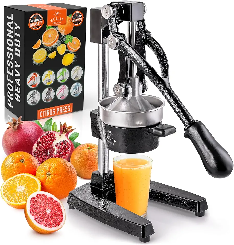 Zulay Kitchen Cast-Iron Orange Juice Squeezer - Heavy-Duty, Easy-to-Clean, Professional Citrus Juicer - Durable Stainless Steel Lemon Squeezer - Sturdy Manual Citrus Press &amp; Orange Squeezer (Black)