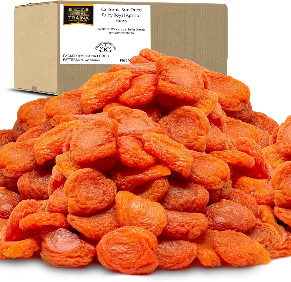 Traina Home Grown California Sun Dried Fancy Ruby Royal Apricot Halves - SEASONAL/LIMITED - Healthy, No Sugar Added, Non GMO, Gluten Free, Kosher Certified, Vegan, Value Size (5 lbs)