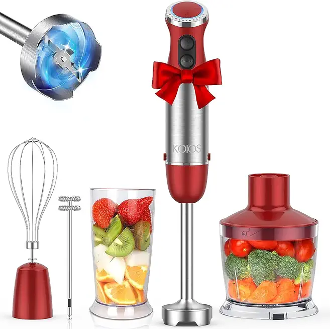 KOIOS 5-in-1 Hand Immersion Blender, 1000W 12 Speed Handheld Blender, Copper Motor Stainless Steel Blade Stick Blender,600ml Mixing Beaker,500ml Food Processor, Whisk, Milk Frother, Non-BPA, Red1