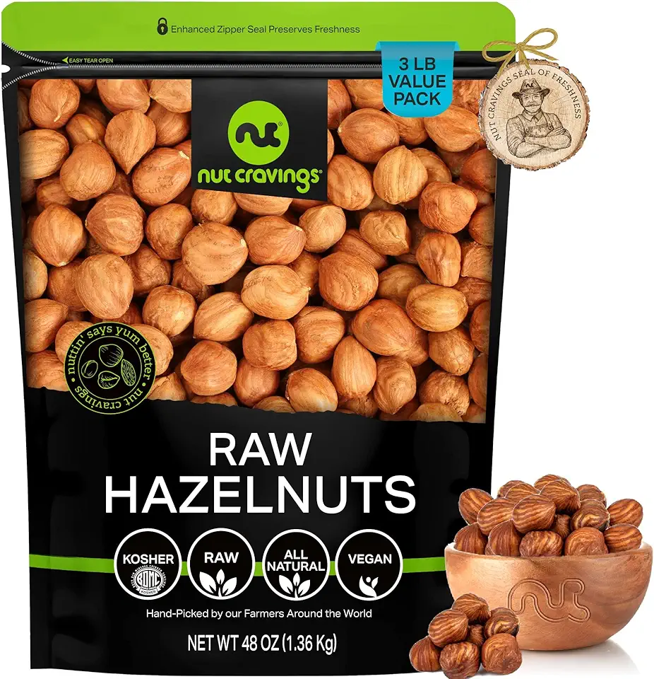 NUT CRAVINGS - Raw Hazelnuts Filberts with Skin - Unsalted, Shelled, (48oz - 3 LB) Bulk Nuts Packed Fresh in Resealable Bag - Kosher Healthy Snack, Natural Keto Vegan - Ideal for Trail Mixed Nuts