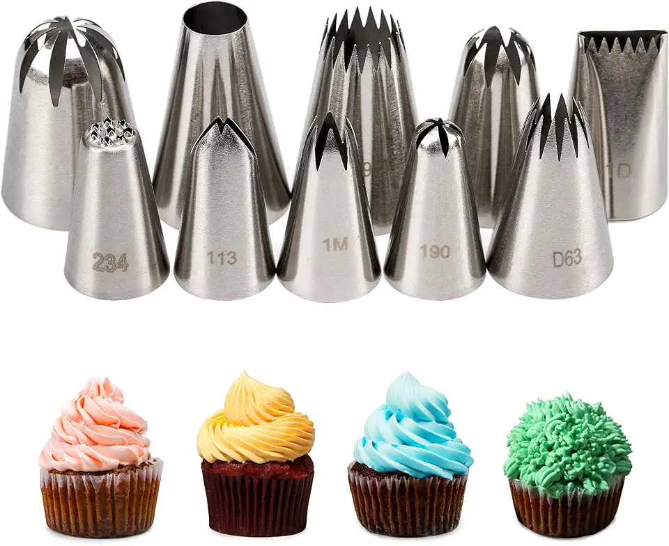 Cake Decorating Icing Piping Tip Set, 10 X-large Decorating Tips Stainless Steel Plus 20 Disposable Pastry Bags