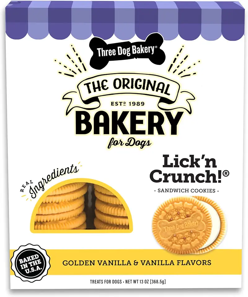 Three Dog Bakery Lick&#x27;n Crunch Sandwich Cookies Premium Dog Treats with No Artificial Flavors, Golden &amp; Vanilla Flavor, 13 Ounces