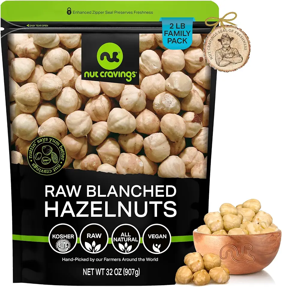 NUT CRAVINGS - Raw Blanched Hazelnuts Filberts - Unsalted, Shelled, (32oz - 2 LB) Bulk Nuts Packed Fresh in Resealable Bag - Kosher Healthy Snack, Natural Keto Vegan - Ideal for Trail Mixed Nuts