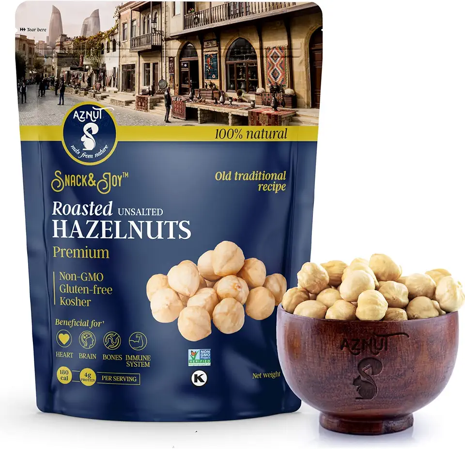 AZNUT Roasted Unsalted Hazelnuts 2 LB, Premium Quality 100% Natural Non-GMO Project Certified, Kosher Certified, No Salt, No Oil, Gluten Free, Keto Diet Snacks, Resealable Bag 2 LB