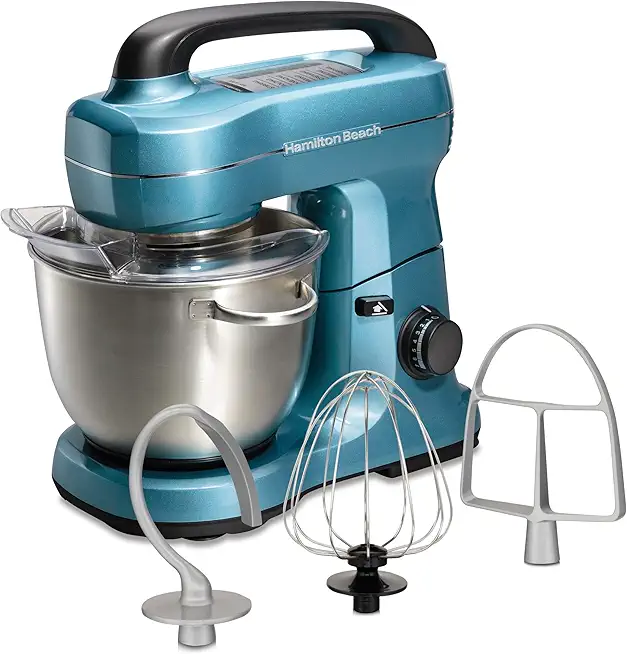 Hamilton Beach Electric Stand Mixer, 4 Quarts, Dough Hook, Flat Beater Attachments, Splash Guard 7 Speeds with Whisk, Blue