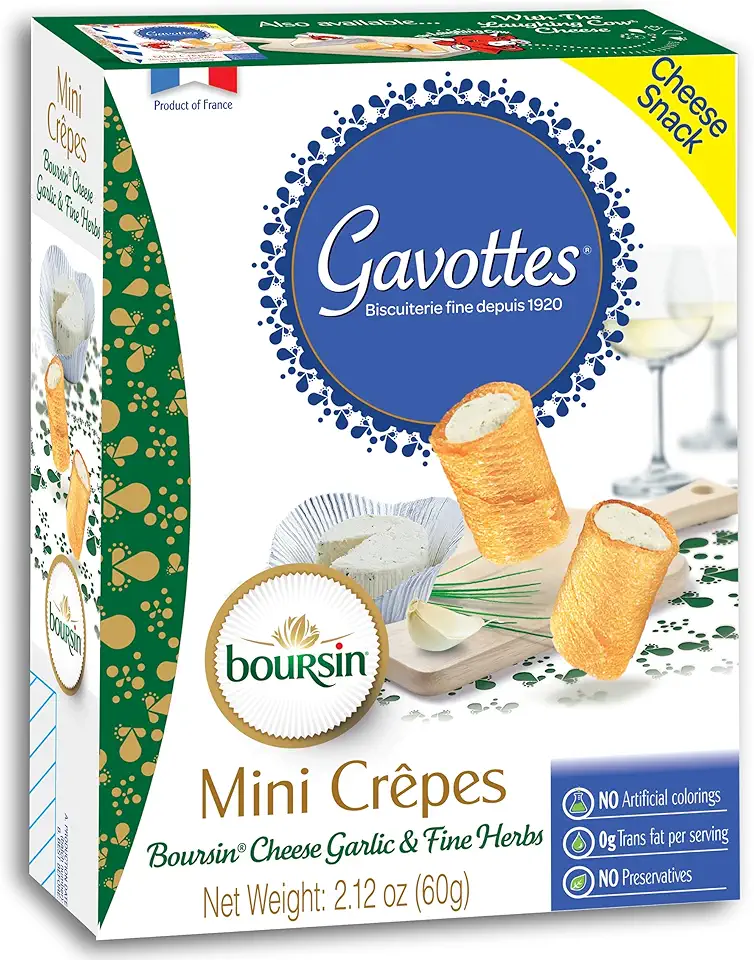 Gavottes French Boursin Cheese Filled Mini Crispy Crepes | Crepe Crackers with Boursin Garlic &amp; Herb Cheese Filling | Gavottes Ready to Eat Crispy Crepes Snack From France (1 Pack of 2.12oz/60g)