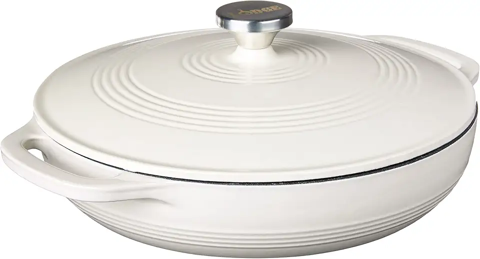 Lodge 3.6 Quart Enameled Cast Iron Oval Casserole With Lid– Dual Handles – Oven Safe up to 500° F or on Stovetop - Use to Marinate, Cook, Bake, Refrigerate and Serve – Oyster White