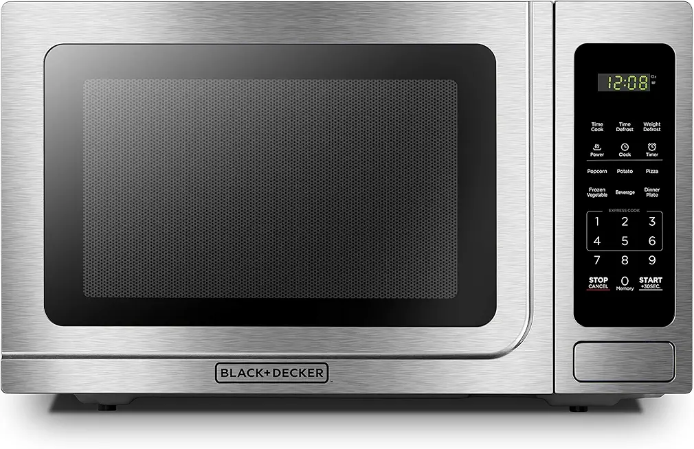 BLACK+DECKER EM036AB14 Digital Microwave Oven with Turntable Push-Button Door, Child Safety Lock, Stainless Steel, 1.4 Cu.ft