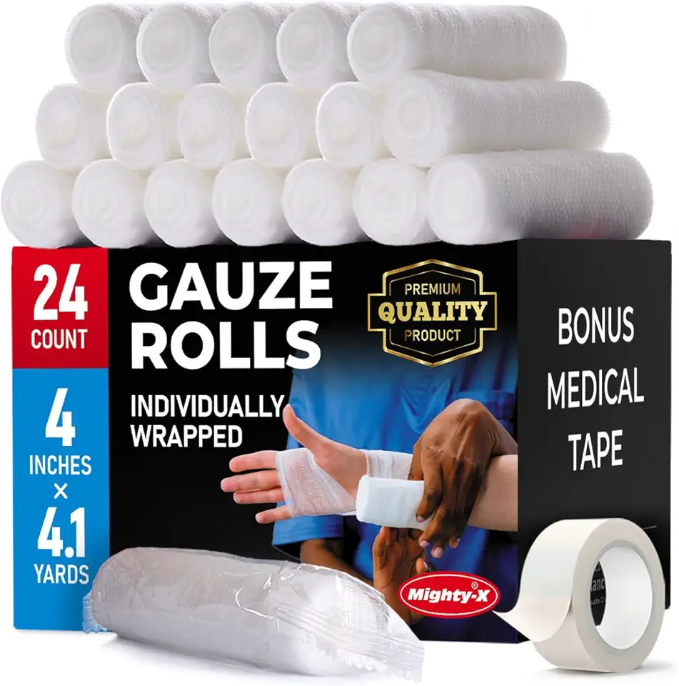 Premium Gauze Rolls - (24 Pack) - 4&quot; x 4.1yd Breathable Rolled Gauze - Individually Wrapped + Bonus Tape - First Aid Conforming Gauze Wrap Roll for Wounds