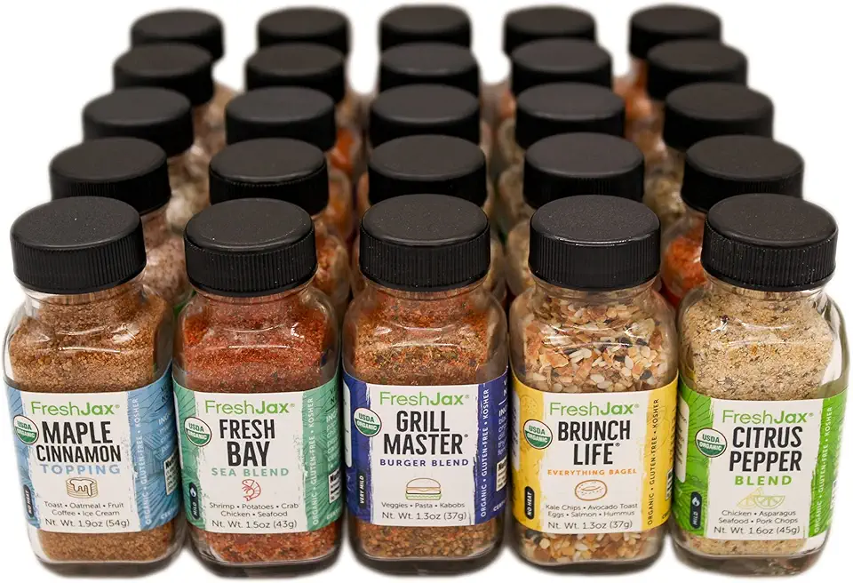 FreshJax Complete Premium Organic Spices Kit | 25 Organic Gourmet Single-Ingredient Spice Bottles | Handbottled in Jacksonville, Florida