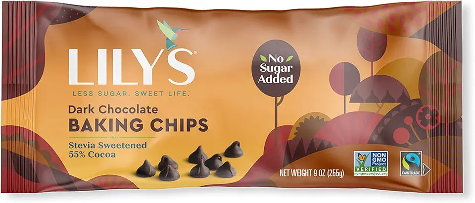 Dark Chocolate Chips by Lily&#x27;s | Stevia Sweetened, No Added Sugar, Low-Carb, Keto Friendly | 55% Cocoa | Fair Trade, Gluten-Free &amp; Non-GMO | 9 ounce, 3-Pack, Brown, 4001A3