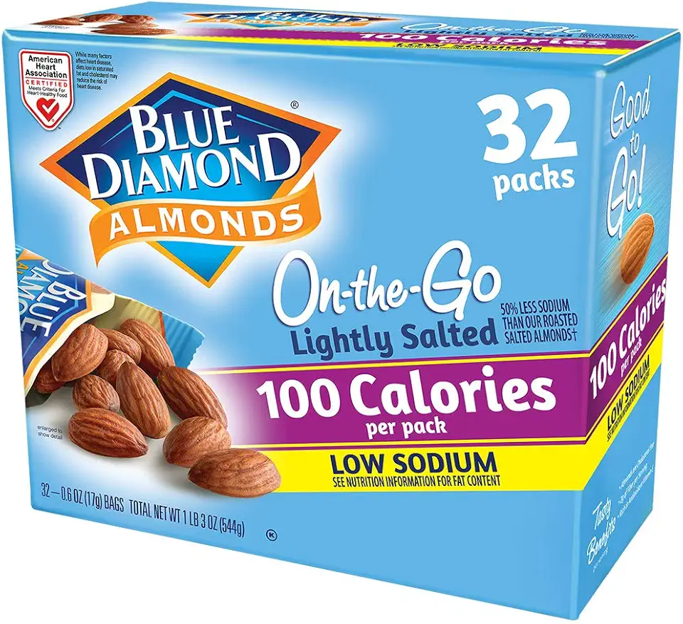 Blue Diamond Almonds Low Sodium Lightly Salted Snack Nuts, 100 Calorie Packs, 0.6 Ounce (Pack of 32)