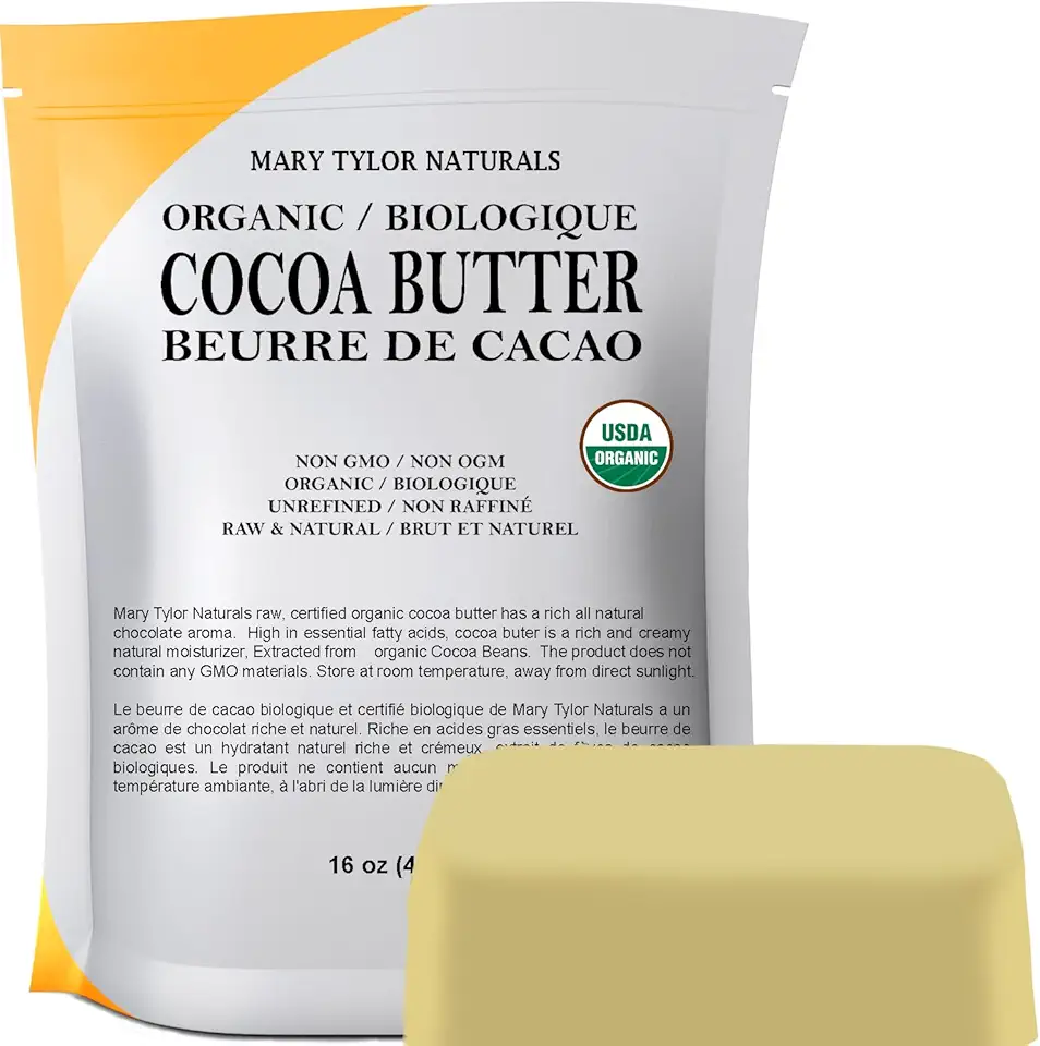 Mary Tylor Naturals Organic Cocoa Butter 1 lb — USDA Certified Raw Unrefined, Non-Deodorized, Rich In Antioxidants — for DIY Recipes, Lip Balms, Lotions, Creams, Stretch Marks