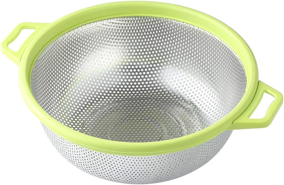 Stainless Steel Colander With Handle and Legs, Large Metal Green Strainer for Pasta, Spaghetti, Berry, Veggies, Fruits, Noodles, Salads, 5-quart 10.5” Kitchen Mesh Colander, Dishwasher Safe