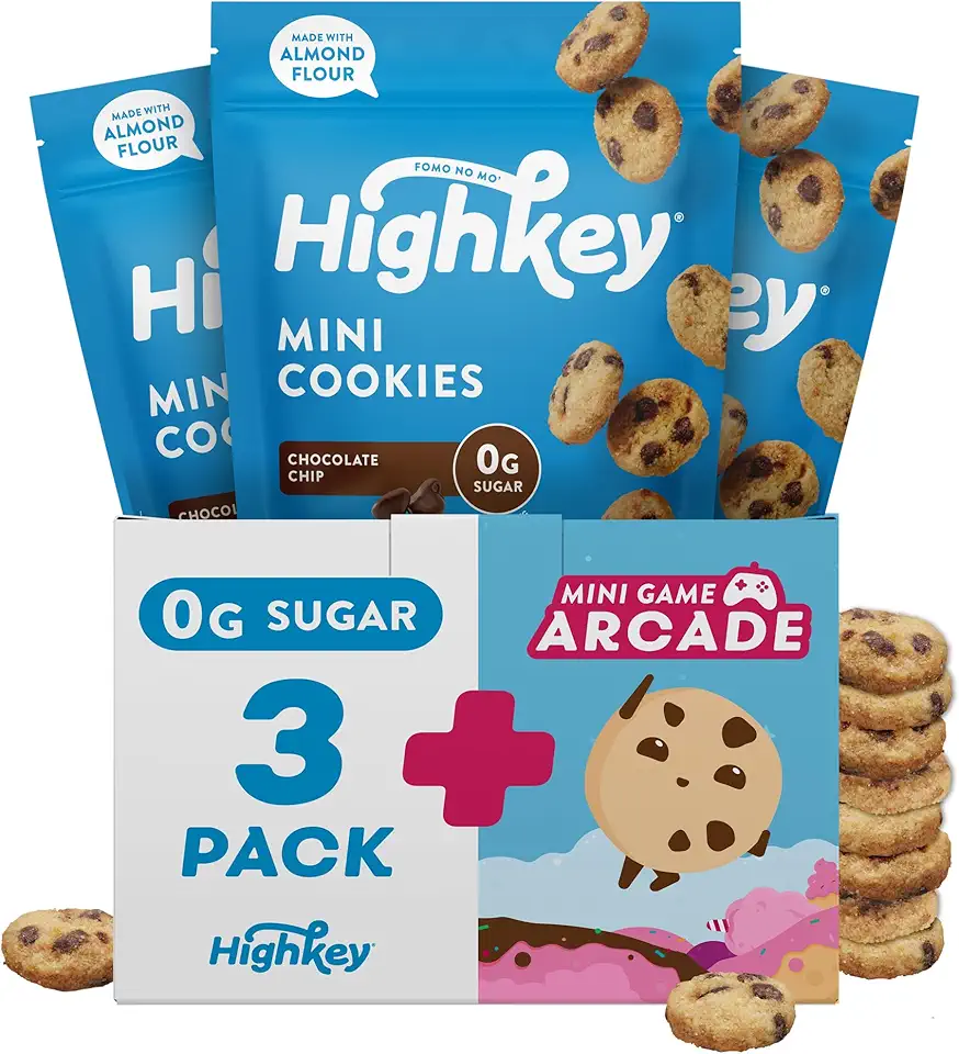 HighKey Keto Chocolate Chip Mini Cookies - Gluten Free Sugar Free Cookies Keto Snack Low Carb Snacks Healthy Protein Diabetic Dessert Food Low Sugar Treat Diet Friendly Sweets 3 Pack + Arcade