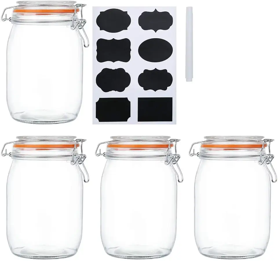 Encheng 32 oz Wide Mouth Mason Jars With Airtight Hinged Lids, Leak Proof Rubber Gasket - 1000ml Glass Storage Containers, Set of 4