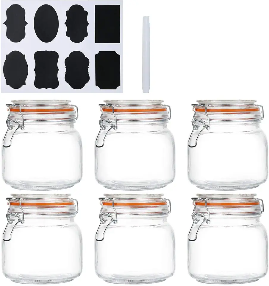 Encheng 25 oz Glass Jars With Airtight Lids And Leak Proof Rubber Gasket,Wide Mouth Mason Jars With Hinged Lids For Kitchen Canisters 750ml, Glass Storage Containers 6 Pack